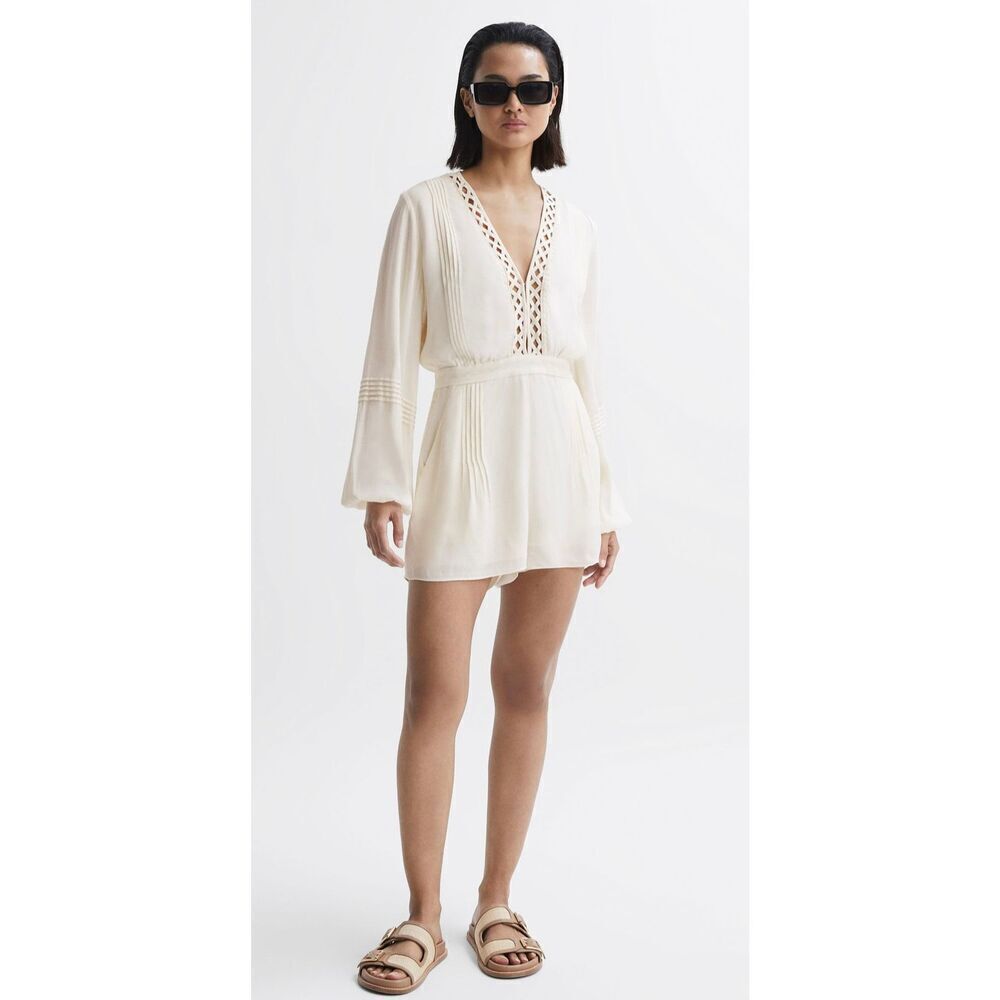 REISS RACHELLE LONG SLEEVE LATTICE PLAYSUIT SIZE  14 CREAM LINED